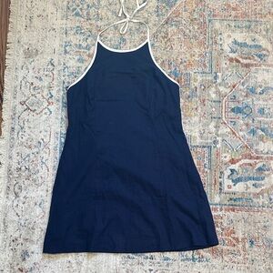 Navy Linen Blend Halter Dress with White Trim